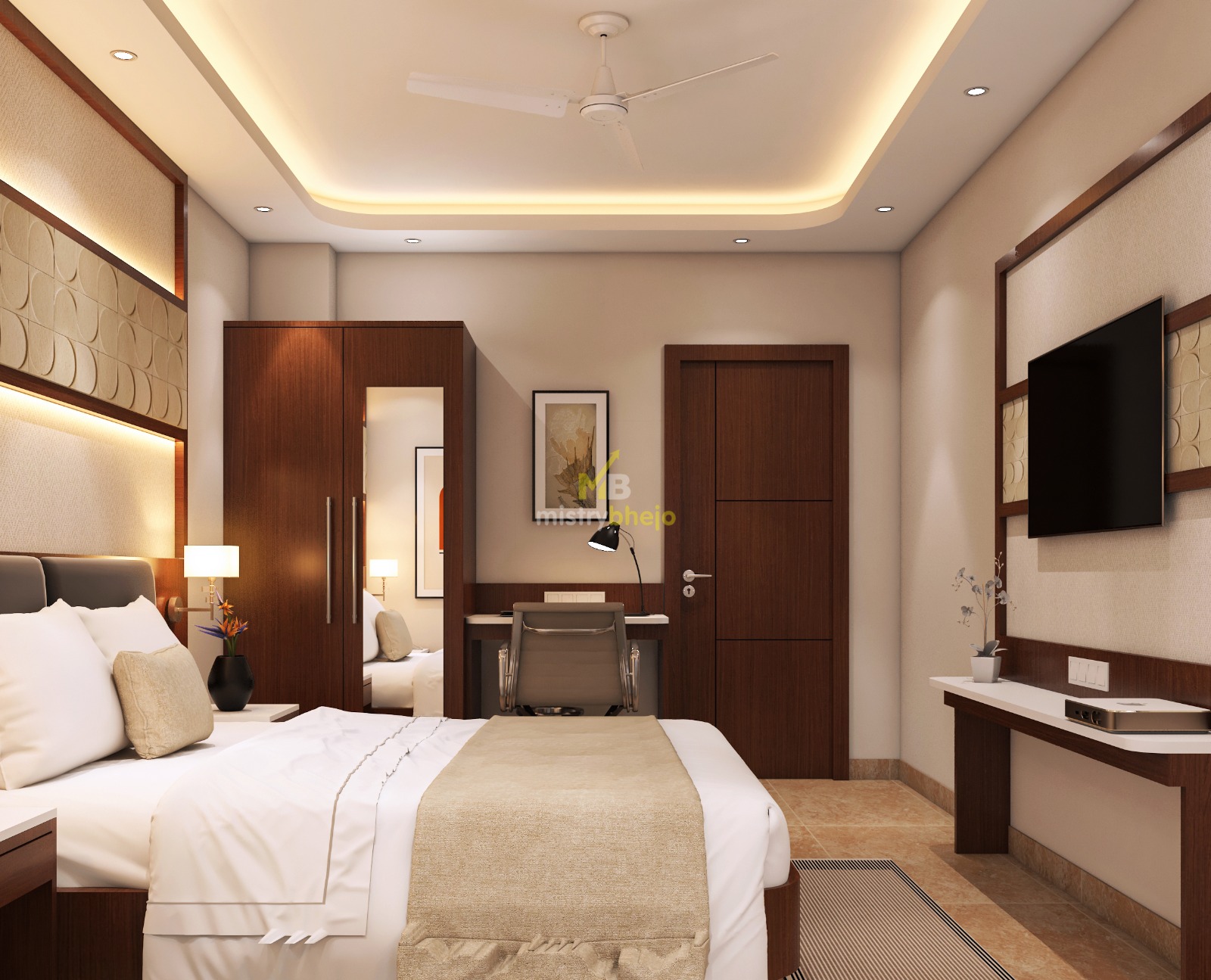 Bedroom interior design concept render with wood paneling and TV unit